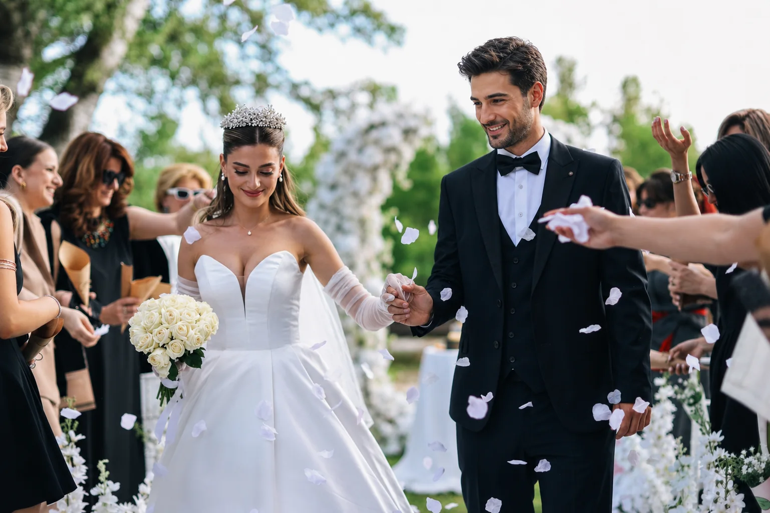 Düğün töreninde gelin ve damat, davetliler arasında elele yürüyor