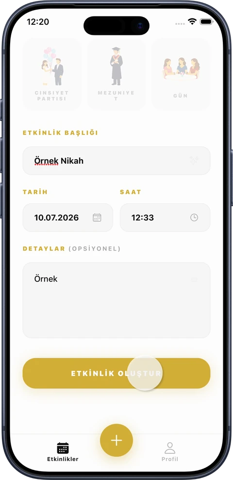 Takio uygulamasında etkinlik başlığı, tarih ve saat girme ekranı