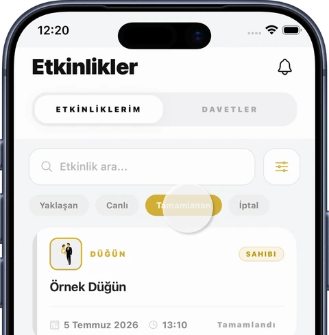Takio uygulamasında etkinlikleri filtreleme ekranı