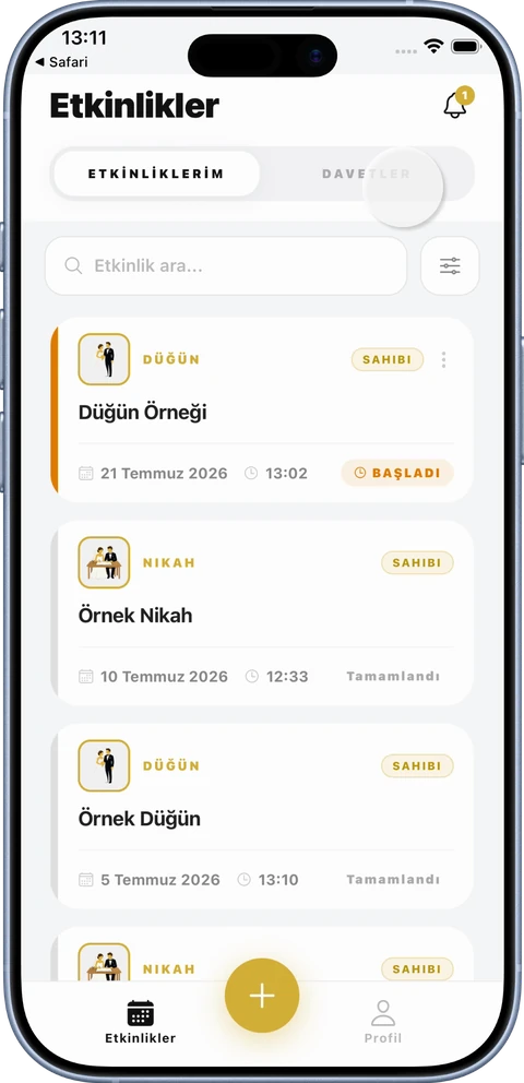 Takio uygulamasında etkinlik listesi ve hatırlatmalar ekranı