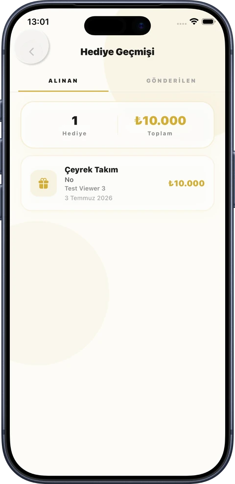 Takio uygulamasında hediye geçmişi ekranı