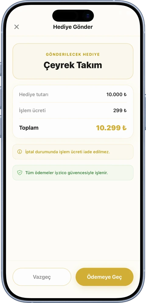 Takio uygulamasında hediye ödeme özeti ekranı