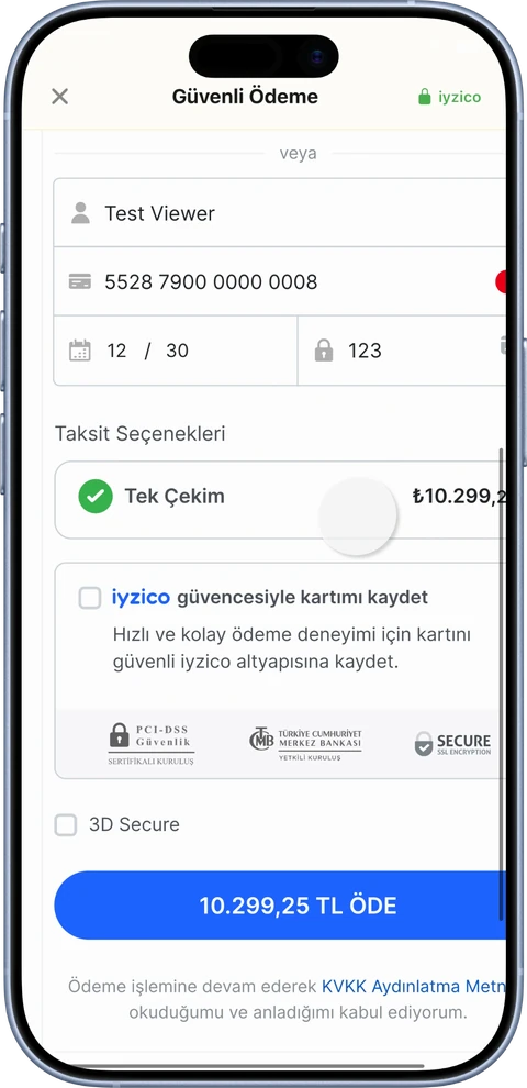 Takio uygulamasında iyzico güvenli ödeme ekranı