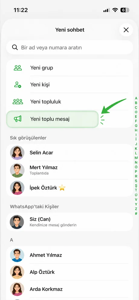 WhatsApp'ta yeni toplu mesaj oluşturma ekranı