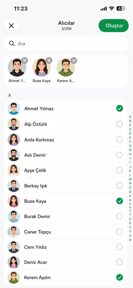 WhatsApp'ta alıcı seçim ekranı