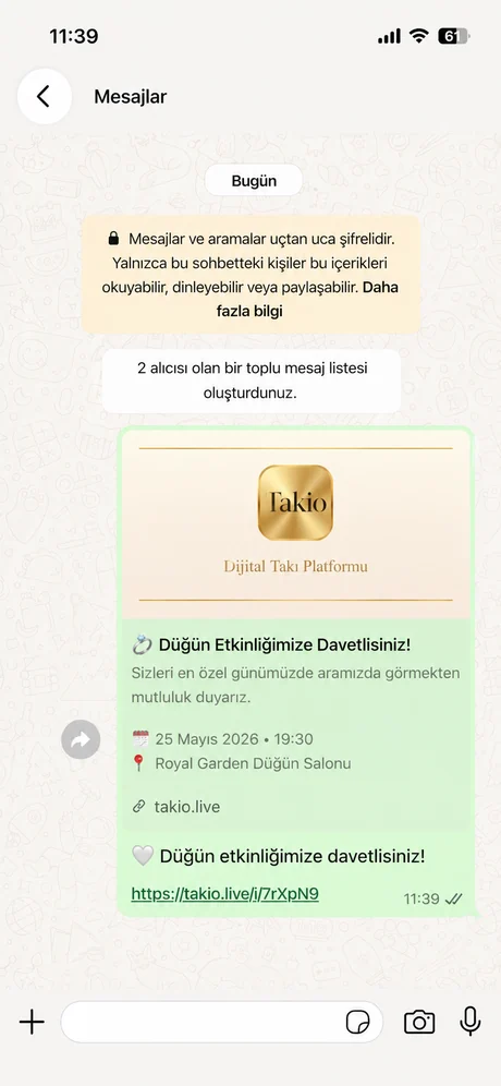 WhatsApp üzerinden gönderilen Takio davetiyesi