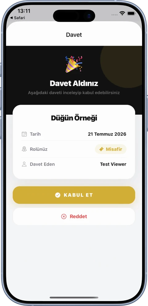 Davet kabul etme ekranı