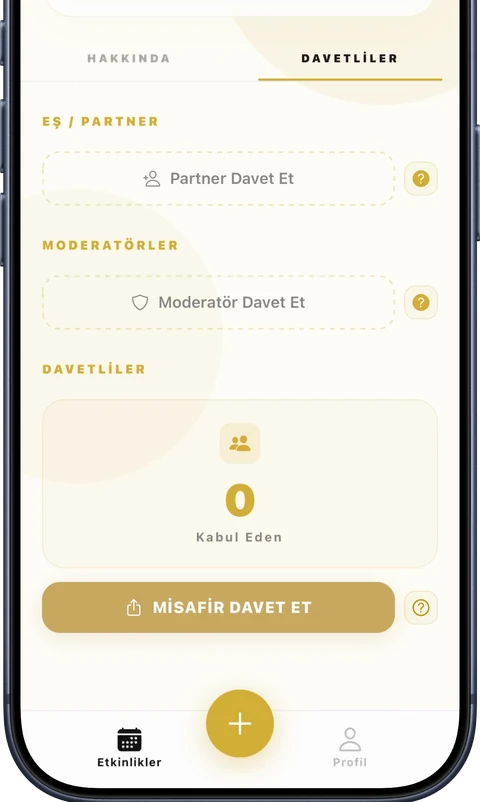 Takio uygulamasında partner ve moderatör davet etme ekranı