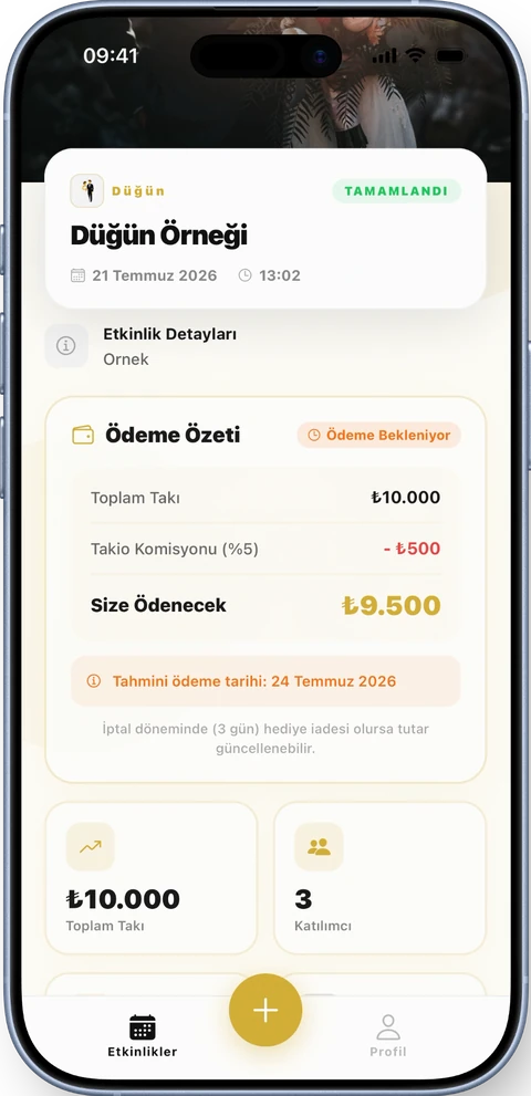 Takio uygulamasında tamamlanan etkinlik ödeme özeti ekranı